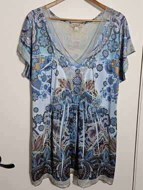 ONE WORLD Blue Paisley V-Neck Tunic with Sequin Detail